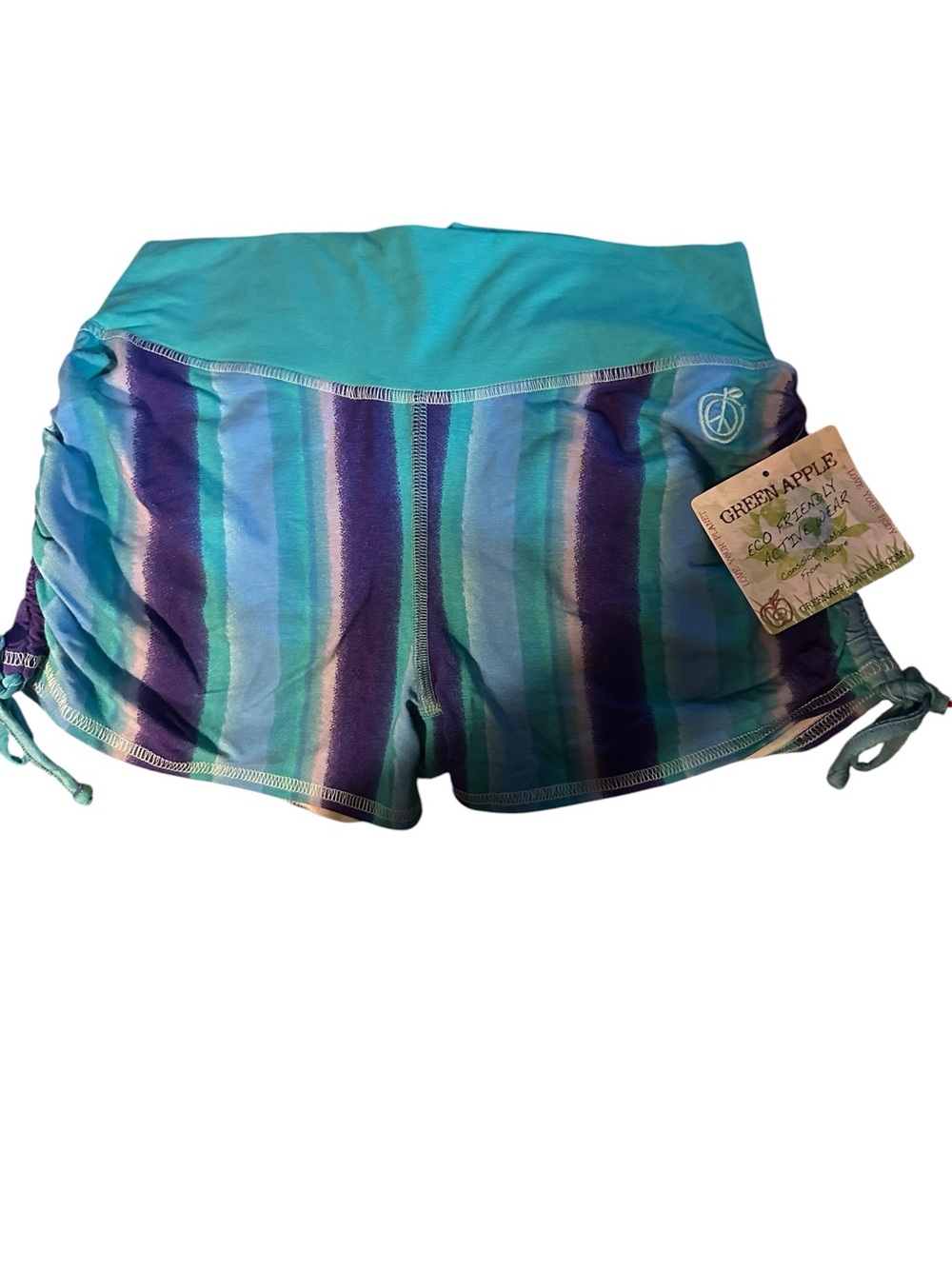 Green Apple Teal, Aqua & Purple Striped Yoga Shorts